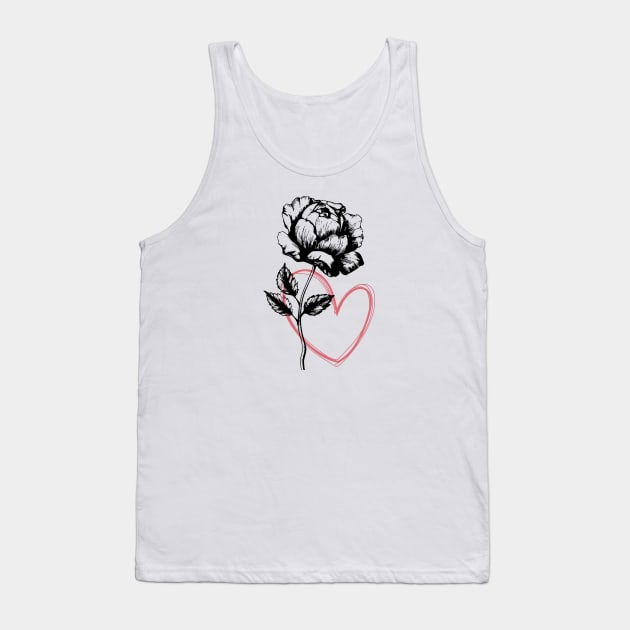 Rose Flower with Heart Black And White Botanical Illustration Tank Top by Biophilia